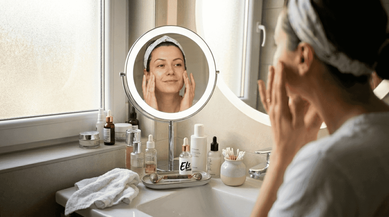 O femeie își aplică cu grijă produsele de îngrijire premium pe față, în fața oglinzii din baie.