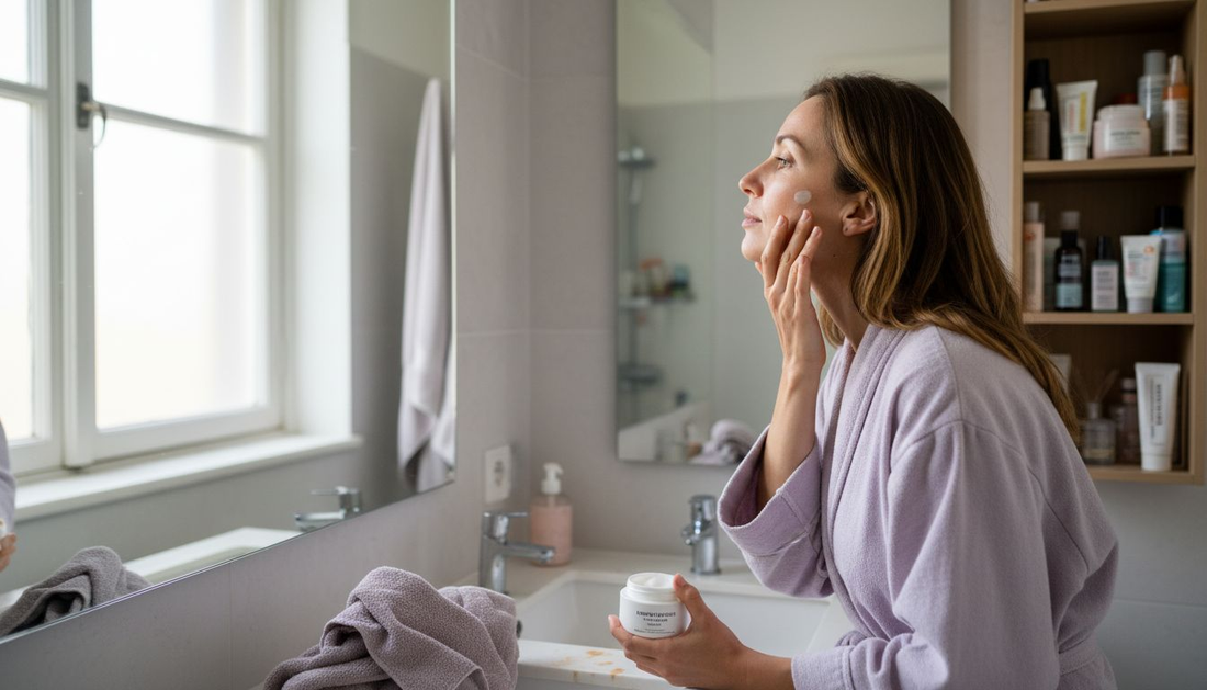 O femeie își aplică crema pentru fermitate în fața oglinzii din baie.
