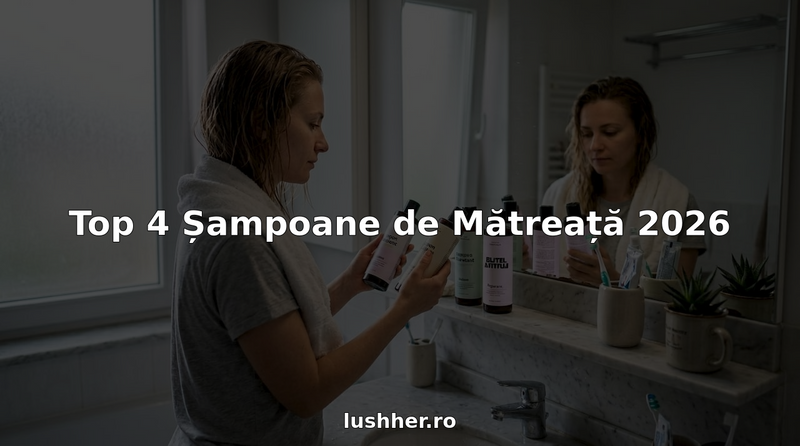 O femeie stă în baie și se gândește pe care dintre cele patru sticle de șampon să o folosească.