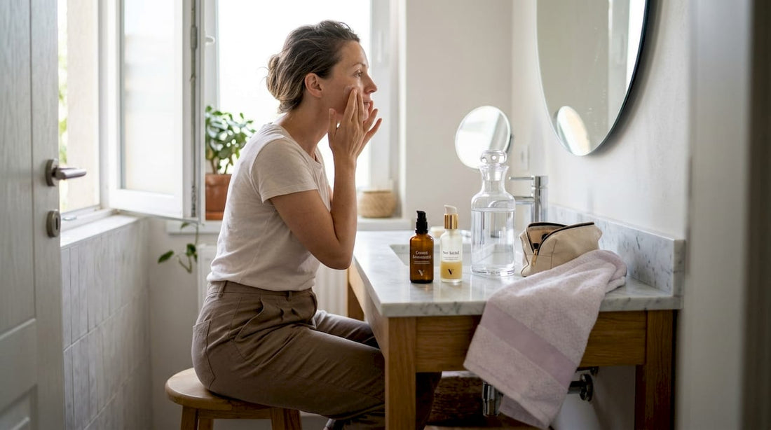 O femeie își aplică produsele de îngrijire a tenului în fața oglinzii din baie.