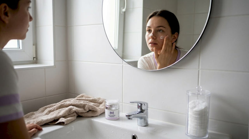 O femeie își aplică cremă protectoare pe piele, în baie.