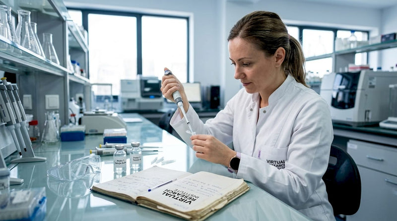 O cercetătoare analizează și lucrează cu diverse mostre de produse cosmetice într-un laborator modern.
