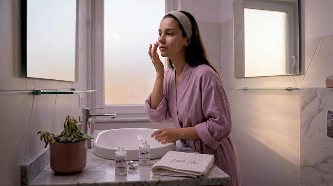 O femeie își aplică serul facial în baia ei modernă, bucurându-se de rutina de îngrijire.