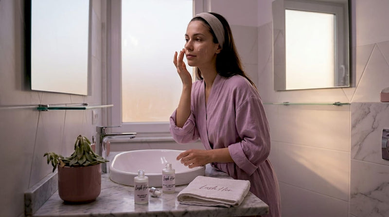 O femeie își aplică serul facial în baia ei modernă, bucurându-se de rutina de îngrijire.