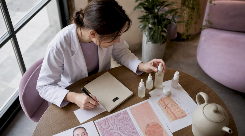 Dermatologul studiază cu atenție ingredientele produselor de îngrijire a pielii la birou, analizând cu grijă fiecare componentă pentru a se asigura că acestea sunt sigure și eficiente.